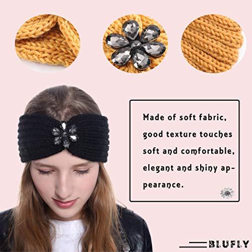 Blufly Blufly Cable Knitted Applique Headband Ear Warmer Crystal Flower Acrylic Fibres Hair Wraps Criss Cross Hairband Crochet Gatsby Turban Winter Head Wraps Head Warmer for Women and Girls (Pack of 3)