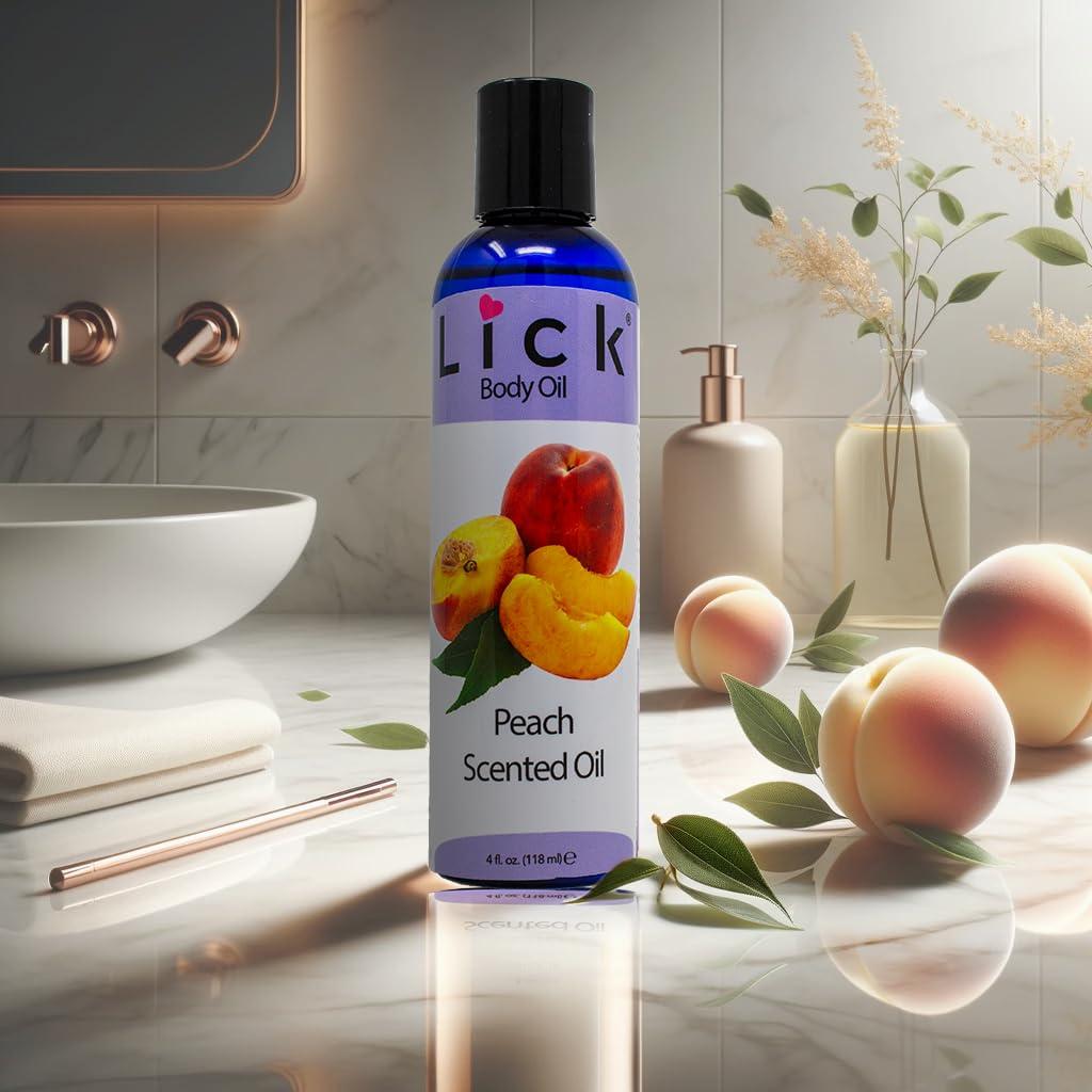 LICK LICK Peach Scented Body Oil - Luxurious Hydrating Oil for Radiant Skin, Enriched with Natural Castor, Almond, Jojoba Oils, Vitamin E. Ideal for Massage, Daily Care 4 fl oz.