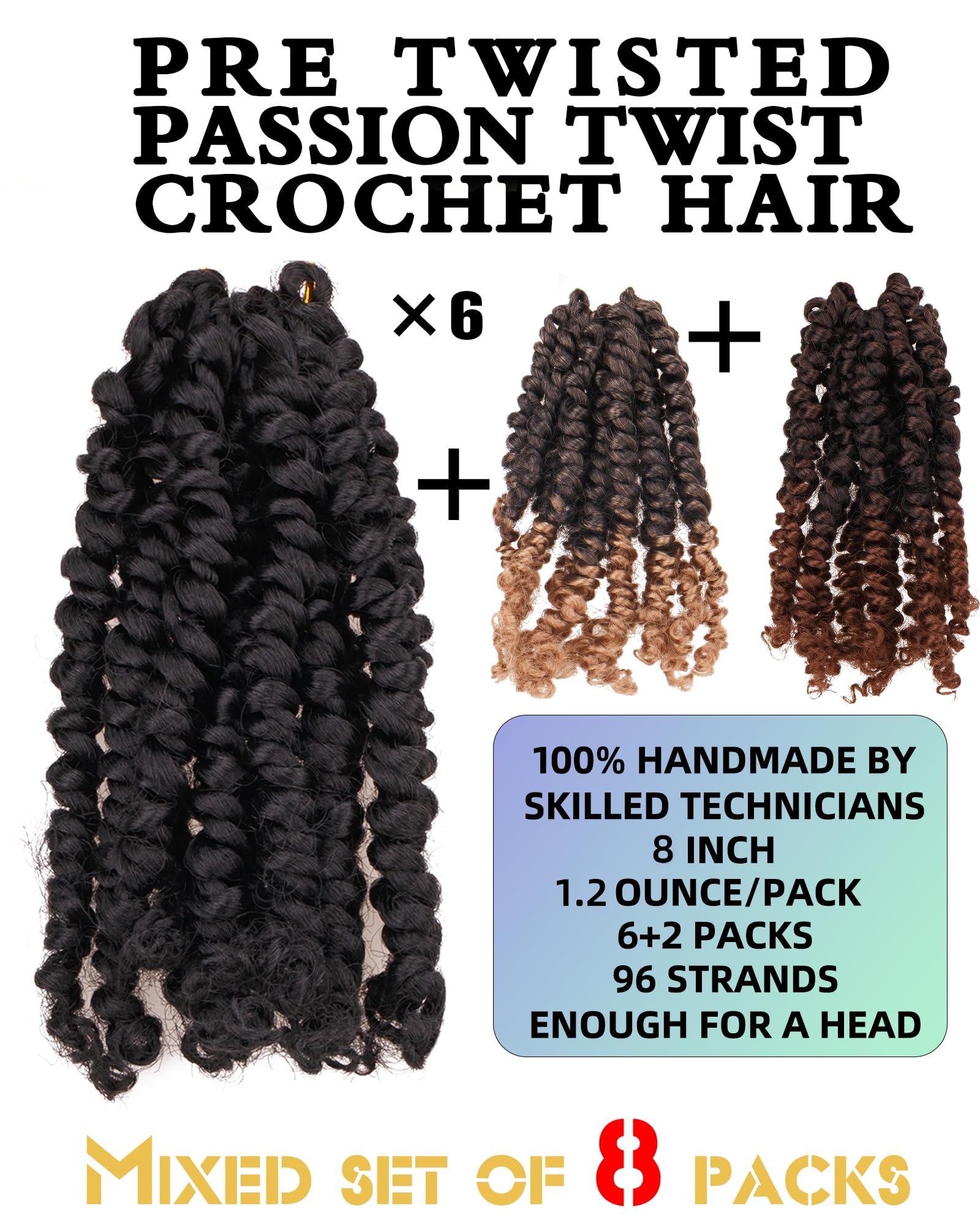 youngluchi Passion Twist 8 Inch Crochet Hair-Mixed Color Combo Pack(6 packs 1B+2 packs T1B/27),Pre-twisted Pre Looped Soft & Bouncy Synthetic Braided Hair Extensions For Black Women (8 Inch-8 Packs,1B+T27)