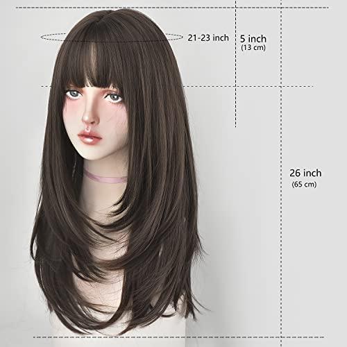 7JHH WIGS 7JHH WIGS Hair Dye Wig for Women Synthetic Hair Natural Long Straight Wig With Bangs (22inch, Cold brown)