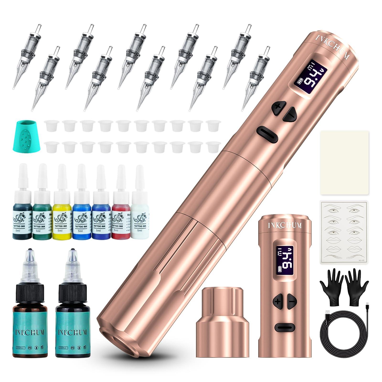 INKCHUM INKCHUM Microblading Supplies Wireless RCA Machine Pen with 2 Batteries Digital OLED Display 10W Coreless Motorfor Miroblading Shading Lining Eyeliner Lips(Rose Gold)