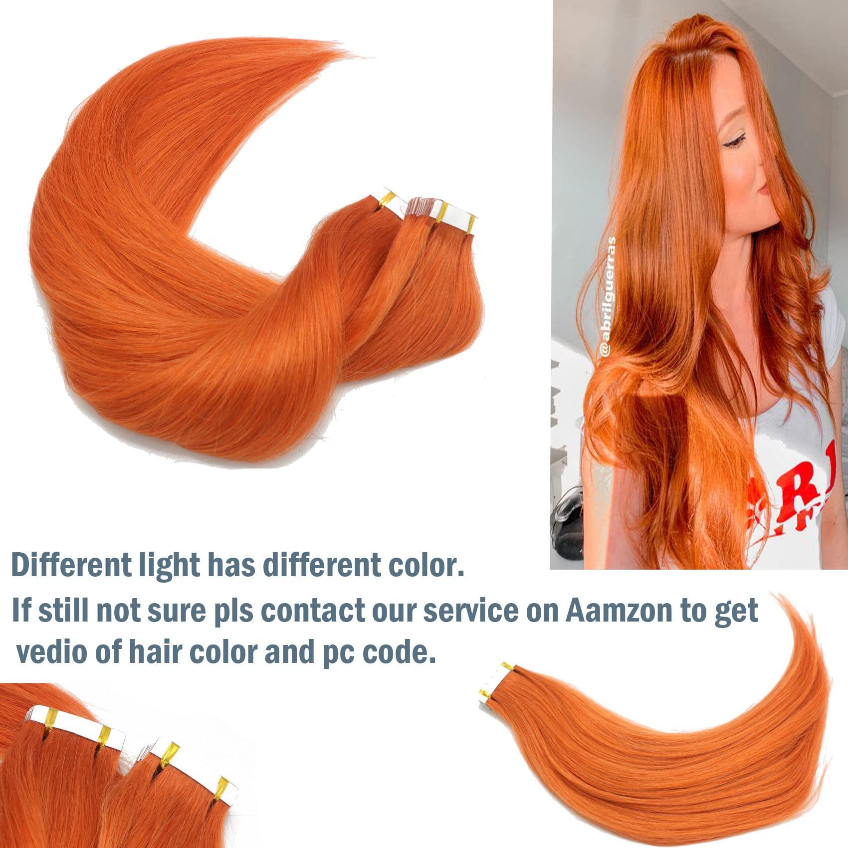 Vanvy 20Inch Orange Tape In Hair Extensions Human Hair Ginger Red Hair