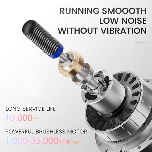 L\'UGX L\'UGX Professional Nail Drill, Waterproof 35000RPM Brushless Nail Drill Machine, Rechargeable Nail Efile for Acrylic Gel Nails, Low Noise and Low Vibration