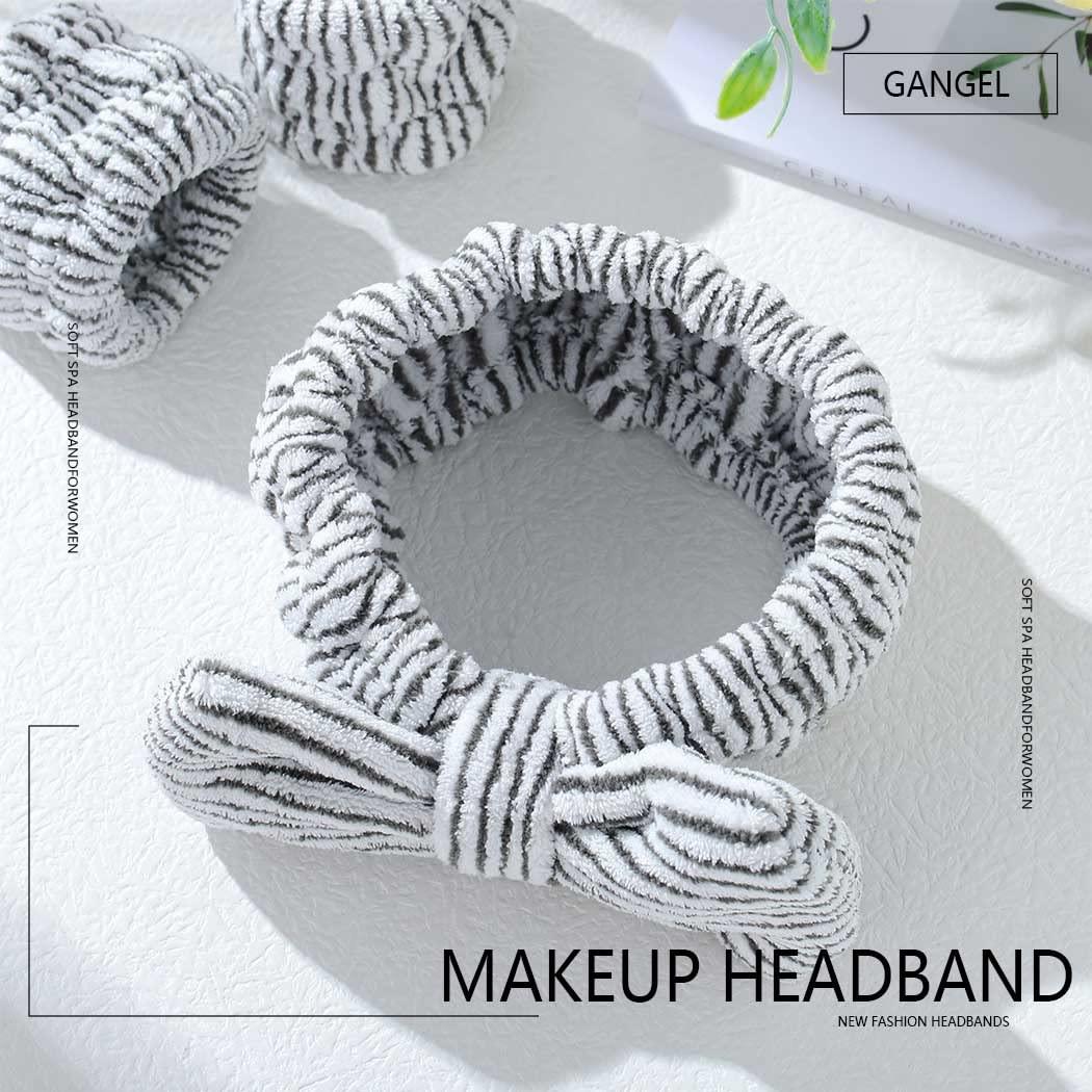 Gangel Gangel Cute Bow-Knot Spa Headband and Wrist Bands Set Fuzzy Elastic Makeup Headband Soft Coral Velvet Face Hair Band Washing Face Stripe Bow Skin Care Headbands Charcoal Facial Head Wraps for Women