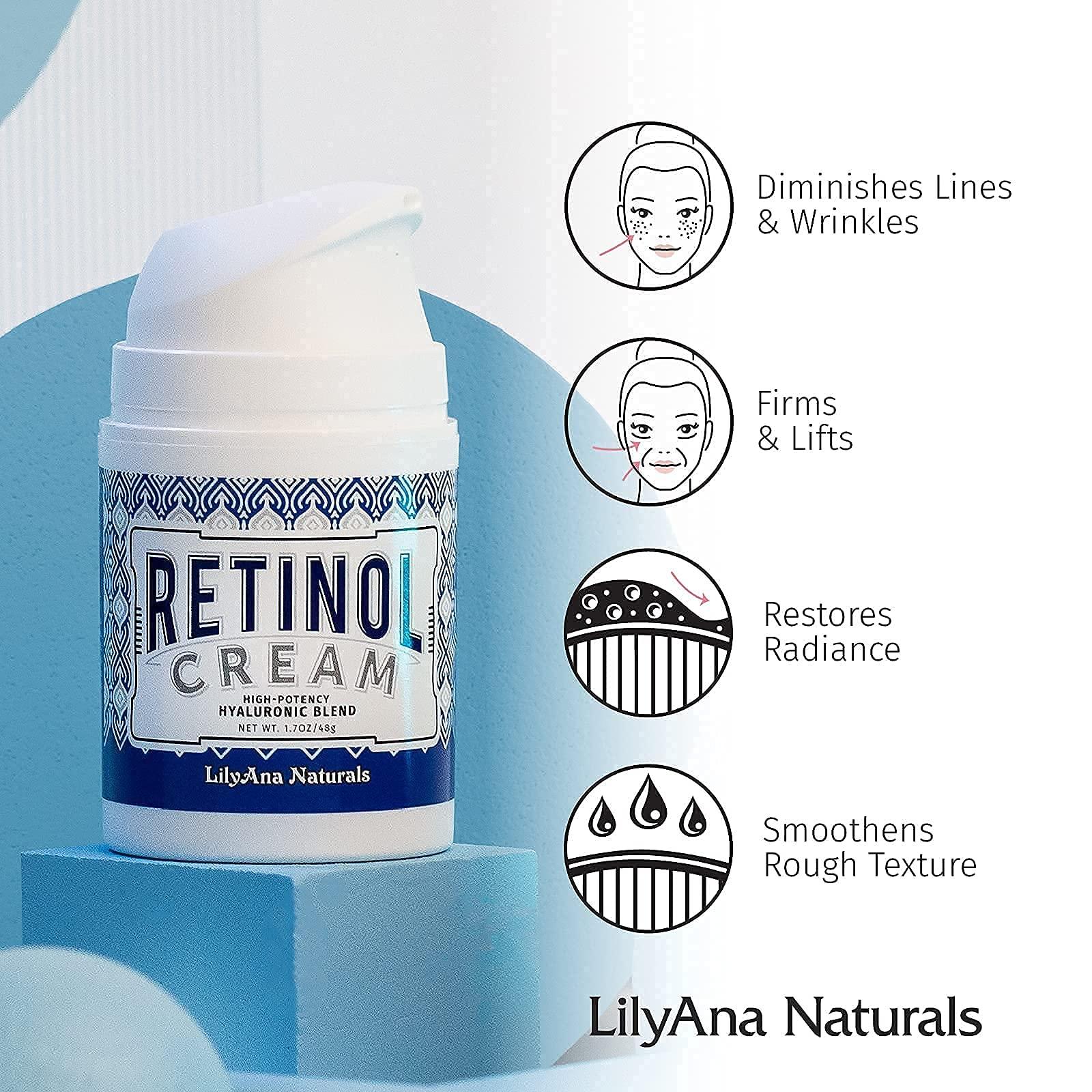 LilyAna Naturals Retinol Plus - Retinol Cream for Face 1.7oz (1-Pack) and LilyAna Naturals Retinol 2.5% Serum 1oz (1-Pack), for effective treatment of dark spots and acne scars