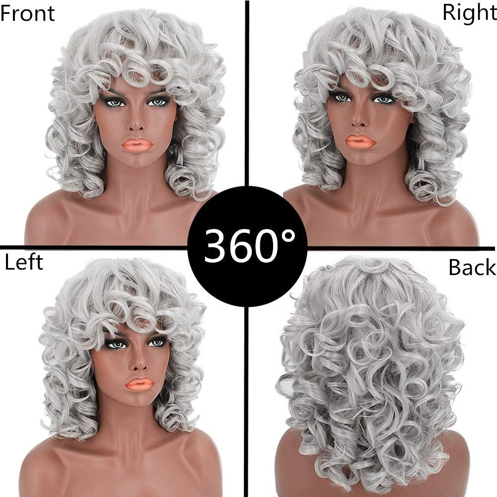 ELIM ELIM Curly Wigs for Black Women Short Kinky Curly Grey Wigs for Women Big Curly Afro Soft Wig with Bangs Heat Resistant Natural Cute Synthetic Wig for Daily Z306GY
