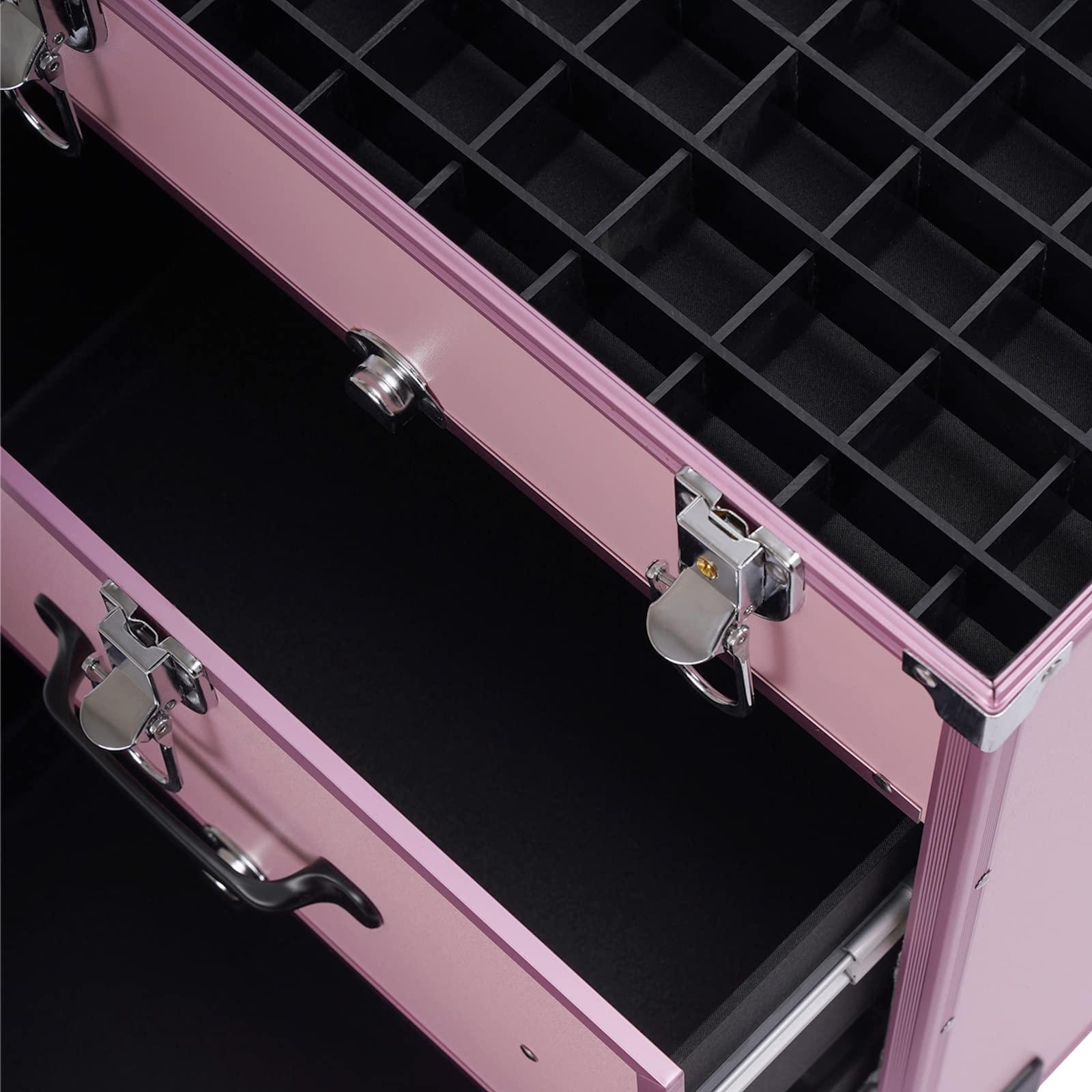 DYRABREST Rolling Makeup Case, Professional Rolling Makeup Train Case with Drawers, Cosmetic Trolley with Locks, Cosmetics Storage Organizer Make up Case for Travel Makeup/Nail Art/Hair Styling (Pink)