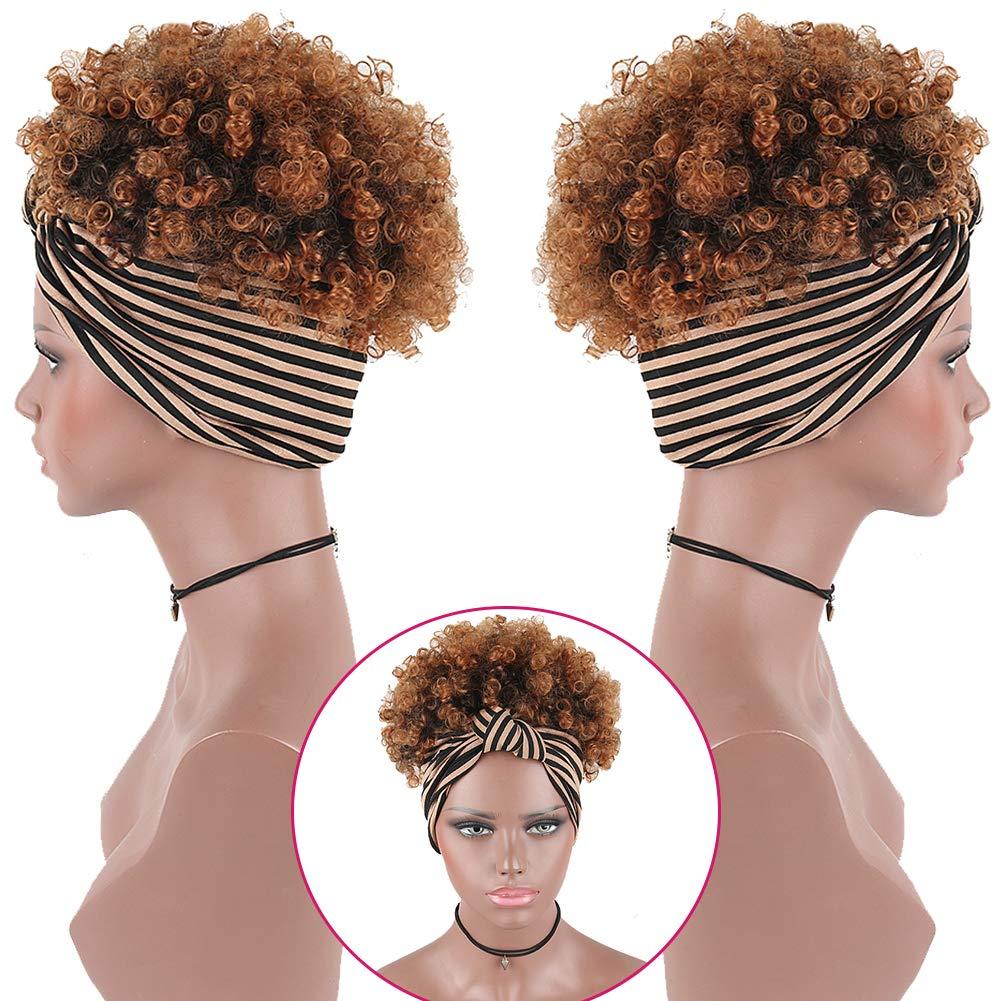 KRSI KRSI Afro Puff Faux Hair Bun Wigs with Soft Calico Pattern Headband Wigs for Black Women Cute Brown Wigs, Afro Kinky Curly Wig with Headband Attached Ponytail Wigs for Black Women(1B/30)