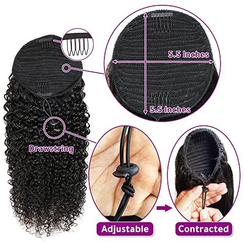 Adette Adette 14 Inches Curly Ponytails Human Hair Drawstring Ponytail Extension Afro Kinky Curly Clip in Pony Tail Hair Extensions Hair Pieces for Black Women Natural Black