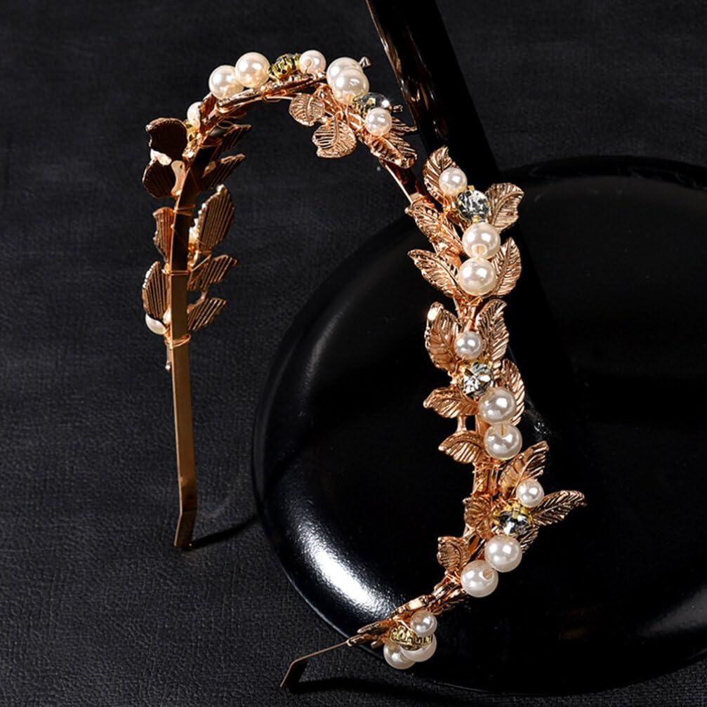 Beaupretty Beaupretty Pearls Leaf Headband Rhinestones Bridal Headpiece Jewelry Roman Goddess Hair Accessories for Bride Gold