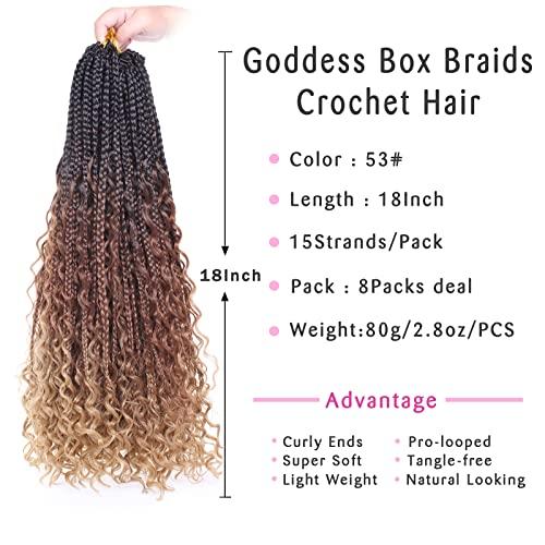 Union Beauty Unionbeauty 8 Pack 18 Inch Boho Box Braids Crochet Hair Bohemian Hippie Braids Distressed Goddess Box Braids Hair Curly Ends Pre-looped Synthetic Ombre Braiding Hair Extension for Black Woman 53#