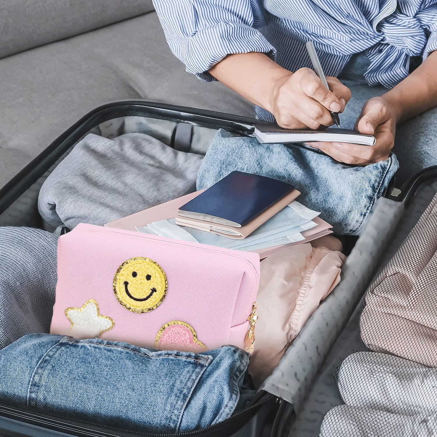 Nylea Nylea Preppy Stuff Patch Makeup Bag, PU Leather Smiley Face Makeup Bag Portable Waterproof Small Pouch, Daily Use Travel Cosmetic Pouch for Women Girls Gift (HOT PINK)