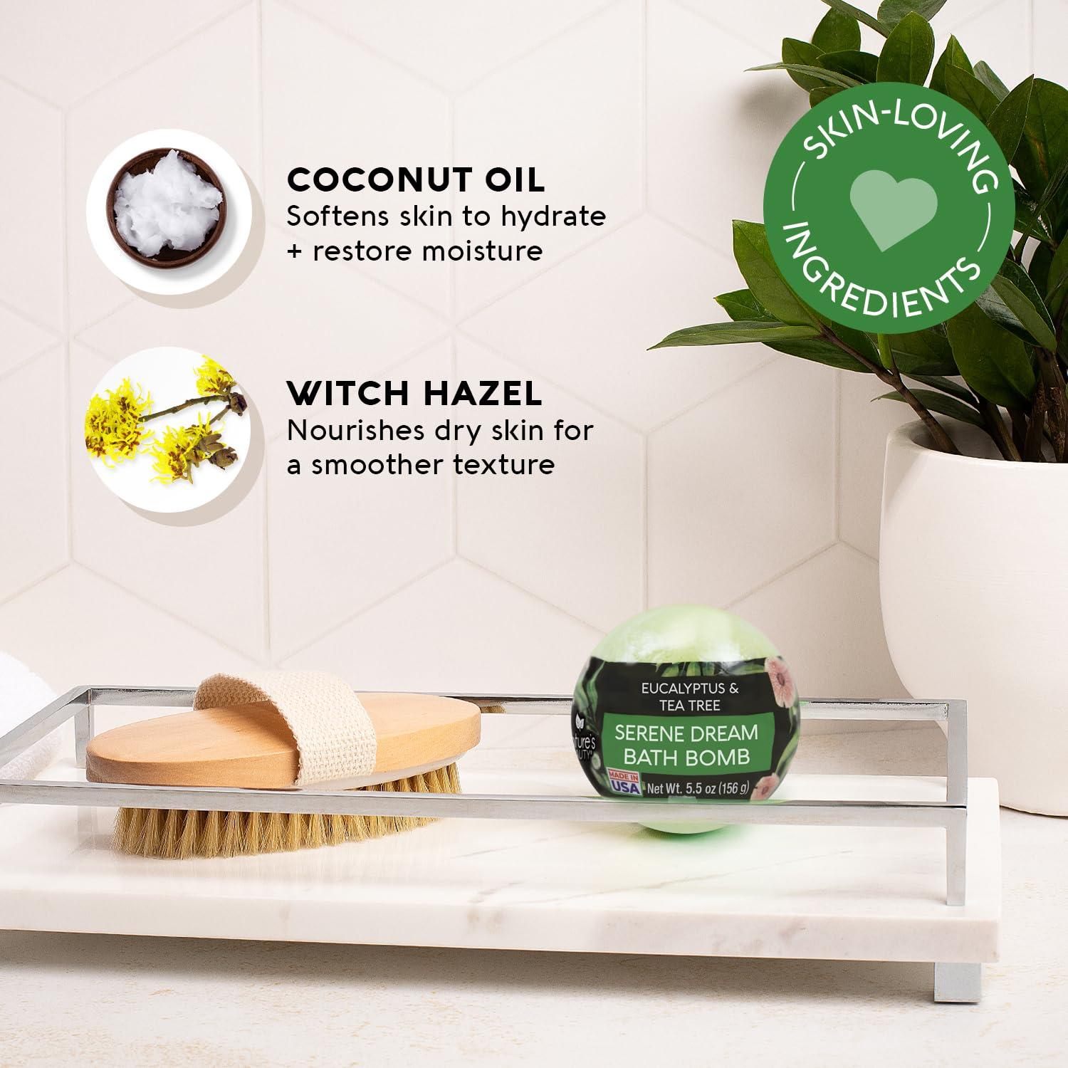 Nature's Beauty Nature's Beauty Eucalyptus & Tea Tree Bath Bomb Multi-Pack- Natural Hand Crafted, Non-Staining, Luxury Fizzy Spa Bomb, Sooth + Restore Skin, Made w/Coconut Oil & Witch Hazel, 4.6oz (4 Pack)