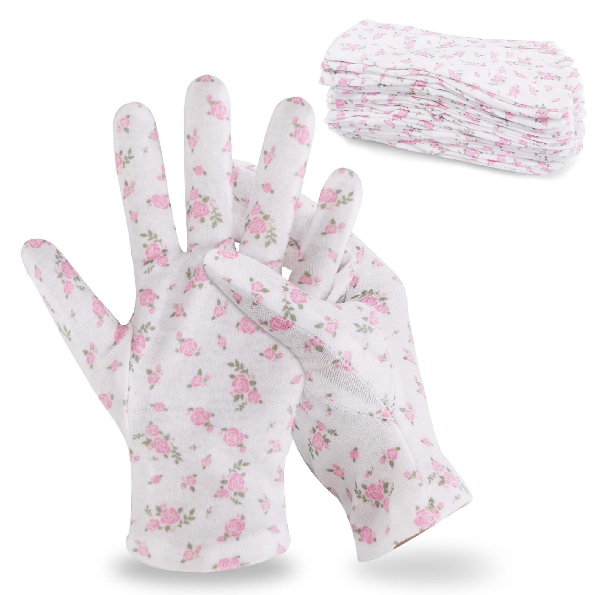 HandLove HandLove 12 Pairs Premium 100% Cotton Gloves, Dry Hands & Eczema, Overnight Lotion & Spa Treatment for Women & Men, Reusable | White Floral Dots