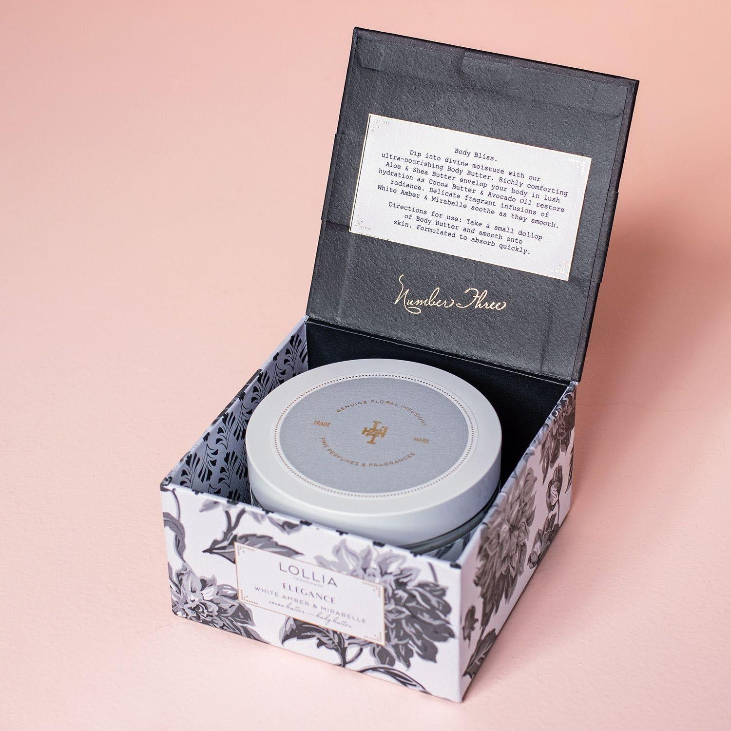 LOLLIA Lollia Elegance Body Butter, 5.5 oz. White Amber & Mirabelle - Shea Butter & Cocoa Butter, Body Lotion for Women, Hydrating & Smooth Body Moisturizer