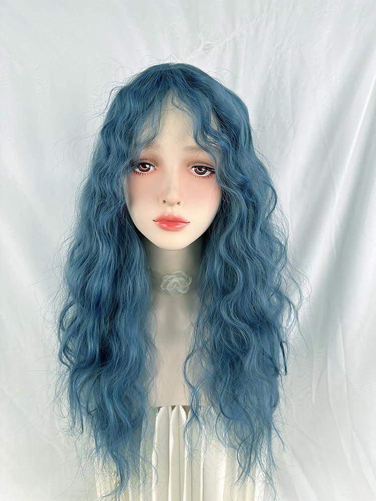 huafan luxkazya huafan luxkazya Blue Wig Long Curly Wig with Bangs Lolita Wig Long Wavy Synthetic Wig for Women Daily Party Use