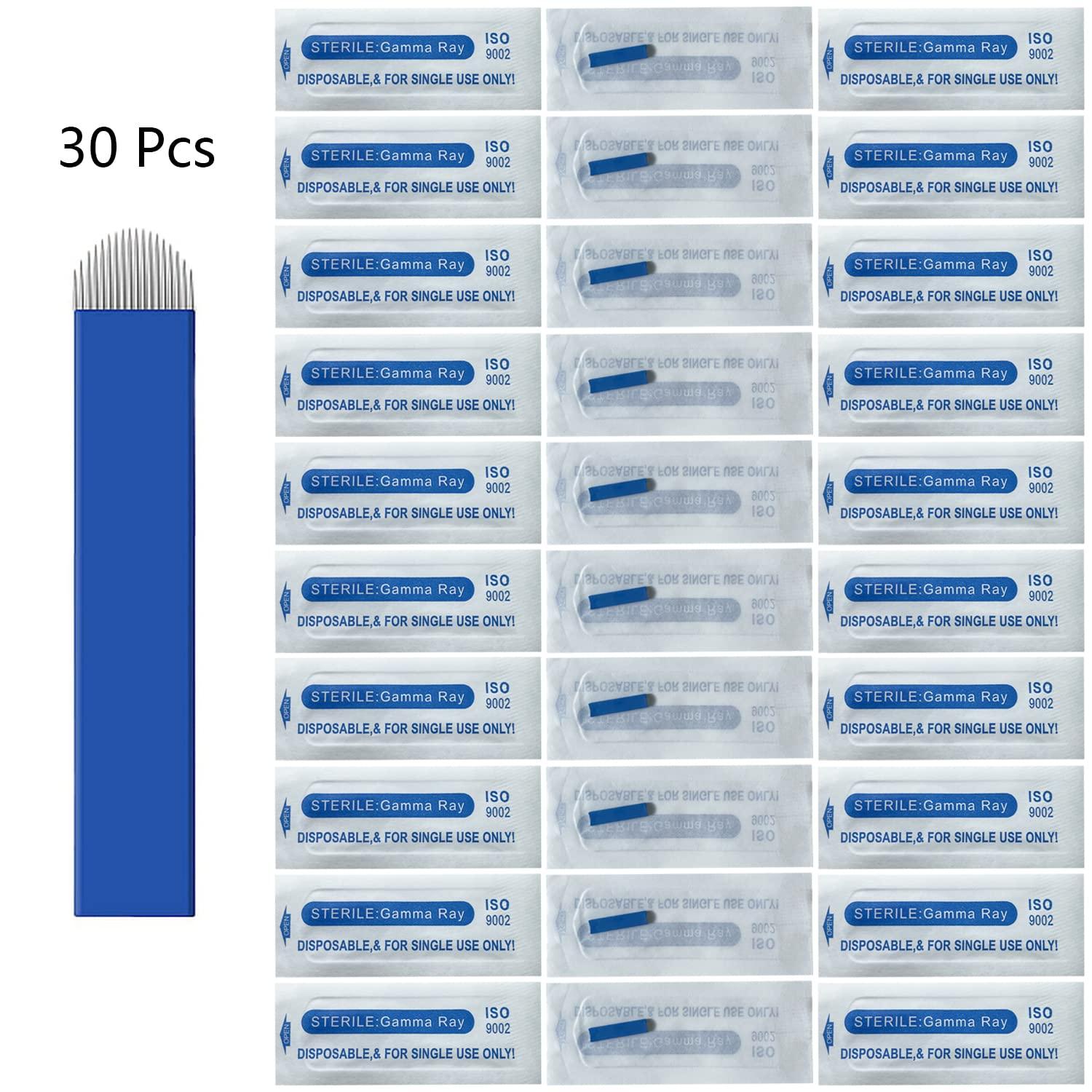 WOLAYI U18 30Pcs Disposable Microblading Needles with 0.20mm Diameter,18 Pins U Shape Permanent Makeup Supplies Manual Eyebrow Shading Blades - Blue 18U Pins