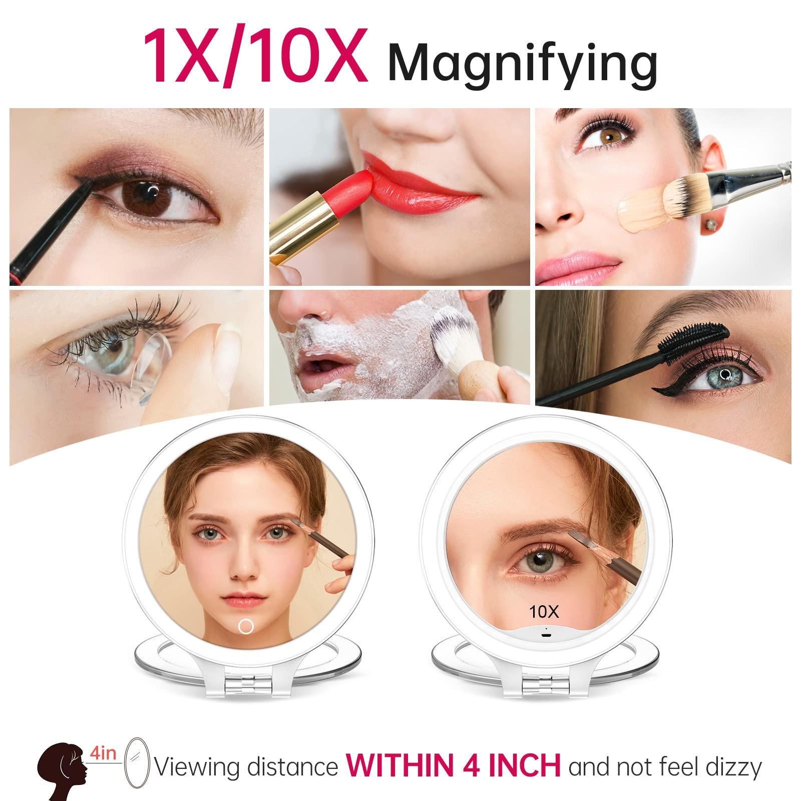 Famihomii Magnifying Travel Magnifying Mirror with Light, Makeup Mirror with 3 Color Lights and Magnification, Lighted Rechargeable Portable Cosmetic Foldable Mirror, Dimmable Adjustable Rotation with Bag