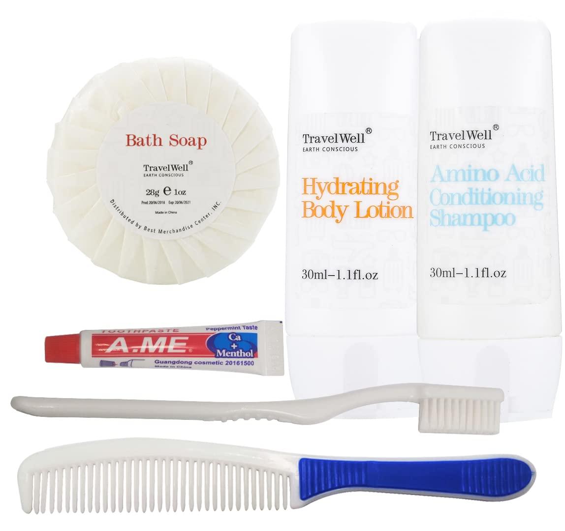 Travelwell Hotel Toiletries Amenities Bulk Individually Wrapped 30ml Shampoo & Conditioner 2 in 1, Round Tissue Pleated 28g Cleaning Travel Soap In Bulk, Comb,Toothbrush Toothpaste, Body Lotion 25 Set