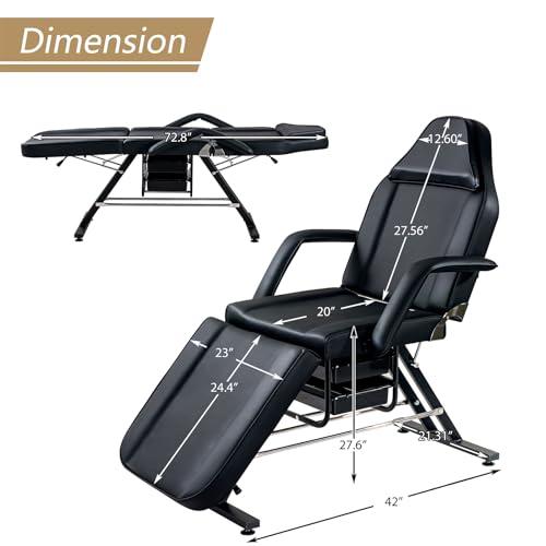 MATONELL MATONELL Salon Tattoo Chair, Esthetician Bed with 2 Trays and 1 Hydraulic Stool, Massage Multi-Purpose 3-Section FacialBed Table Adjustable Barber Spa Beauty Equipment Black