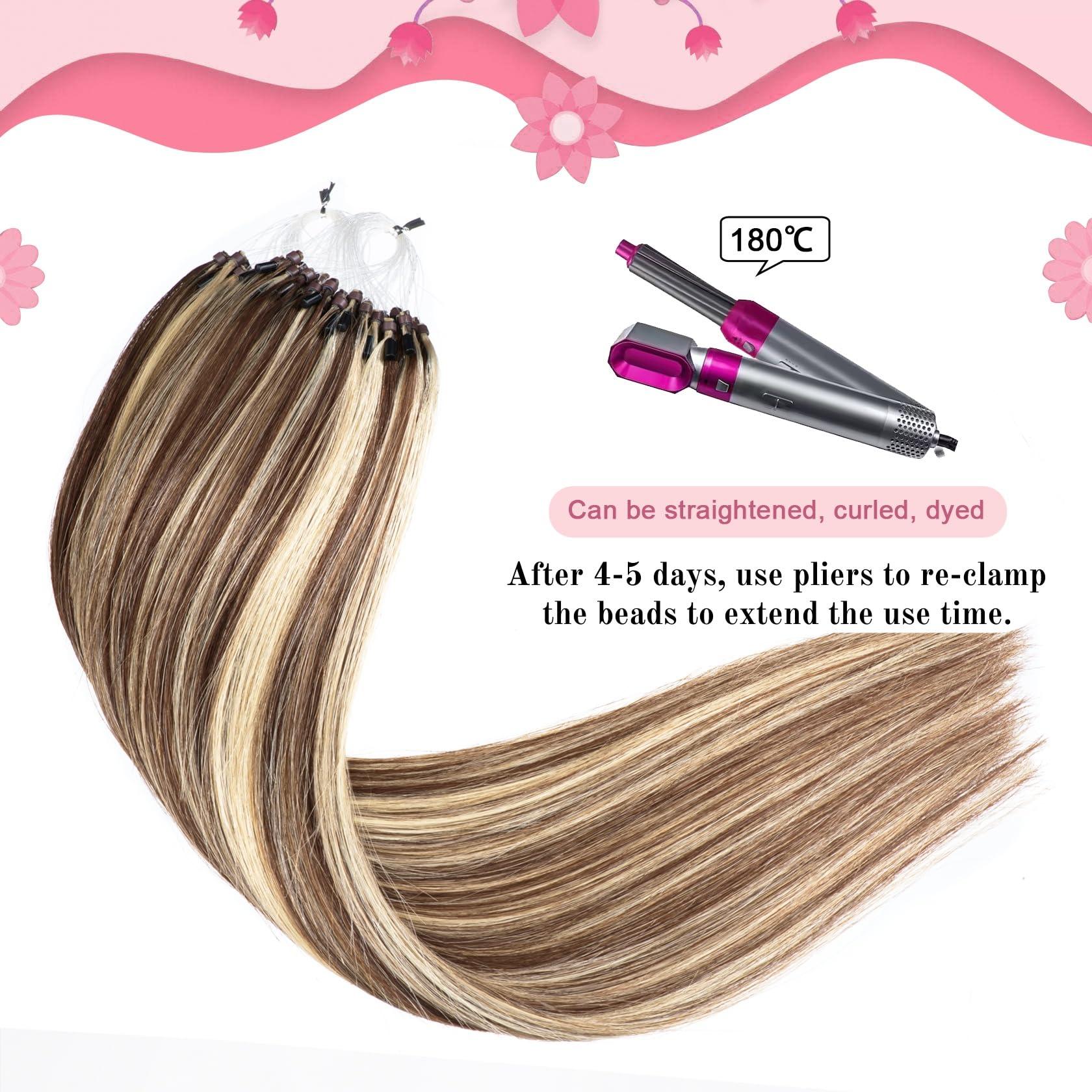 Kpvxxve Kpvxxve Microlink Extensions Human Hair 20 Inch Micro Loop Hair Extensions Long Straight Hair Brown with Bleach Blonde Highlight #4/613 Hair Extensions Real Human Hair 50g 1g/s