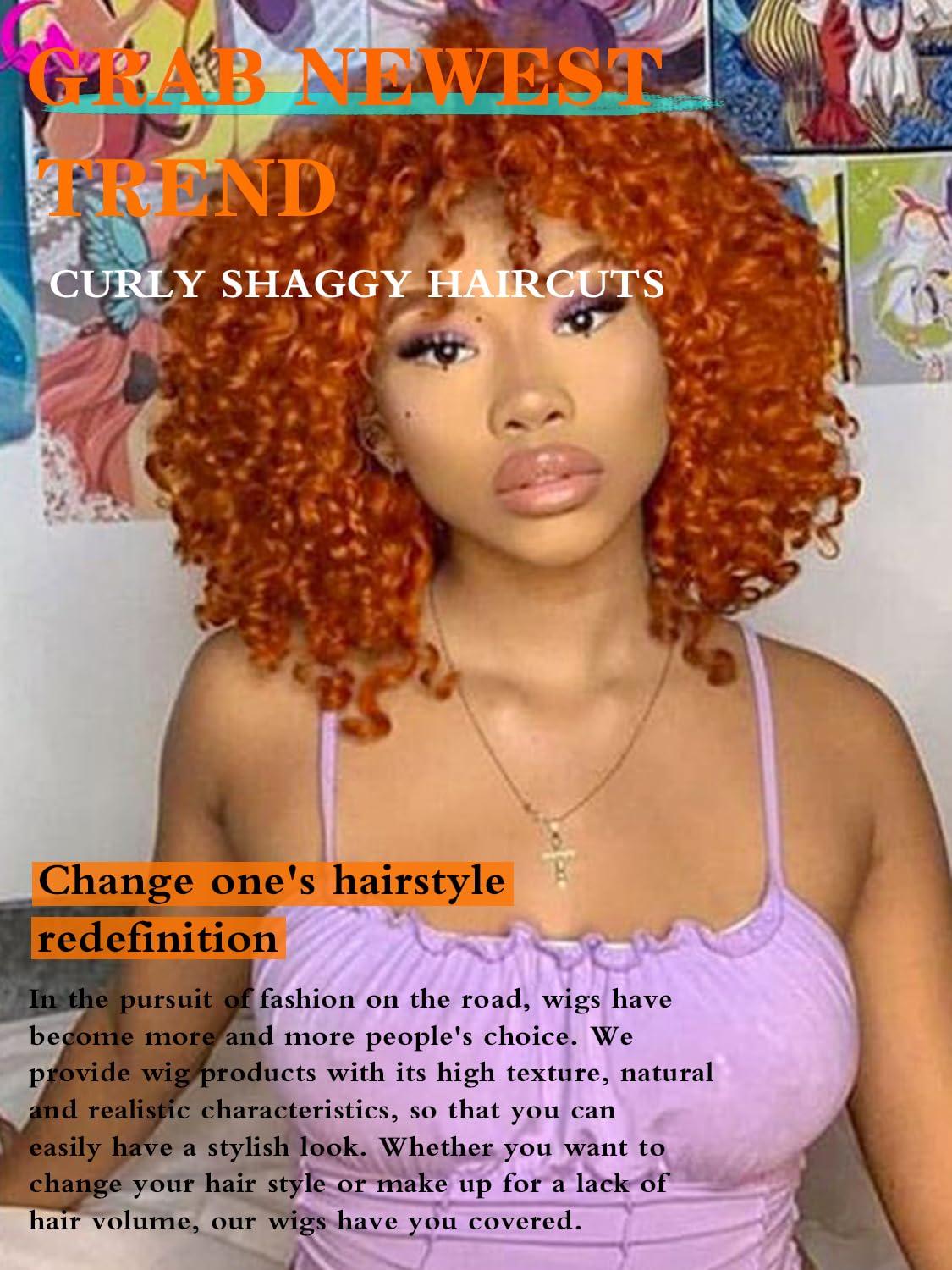 CurlCOO CurlCOO Ginger Curly Wigs for Black Women Short Kinky Curly with Bangs Synthetic Fiber Glueless Long Kinky Curly Hair 14 inchGinger