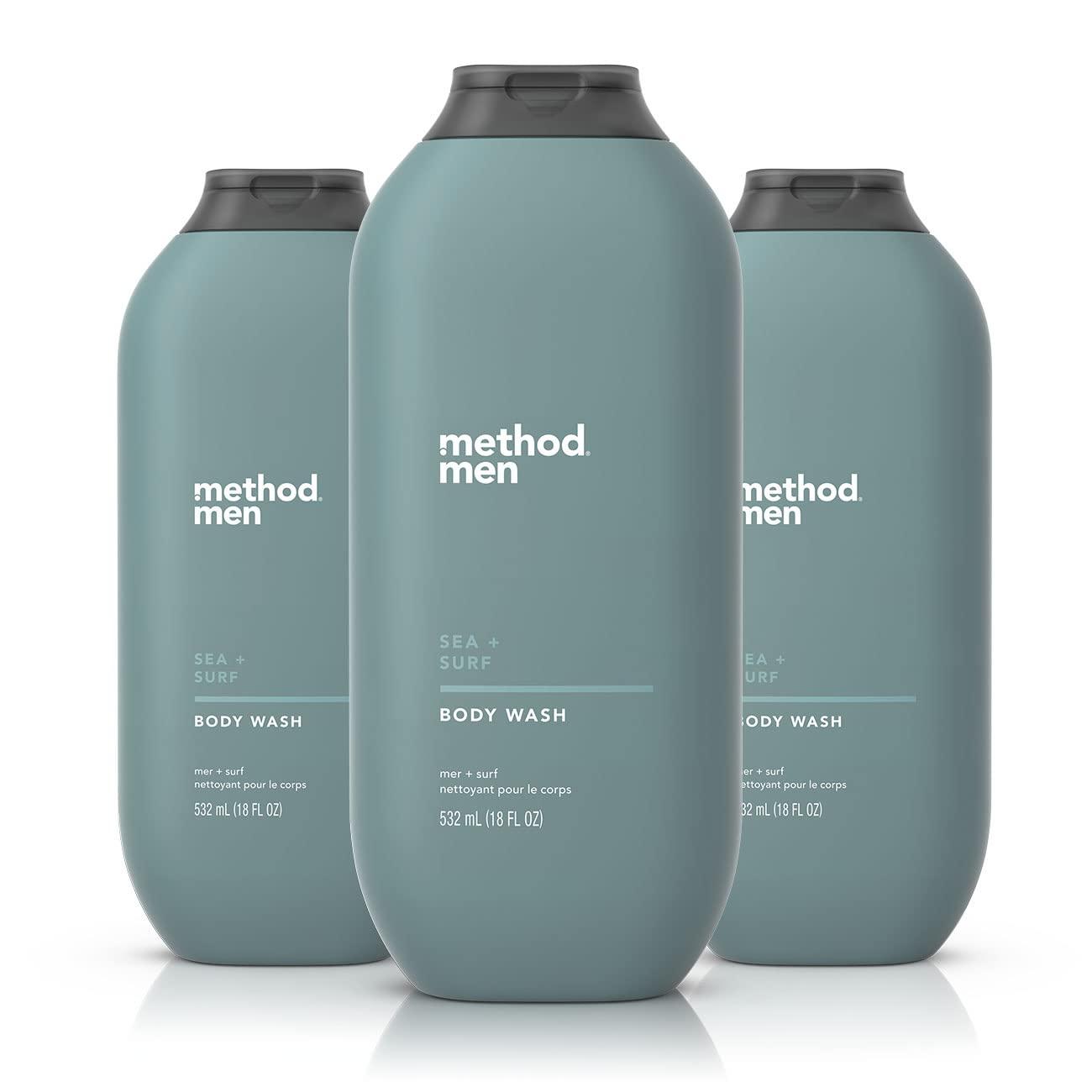 Method Method Men Body Wash, Sea + Surf, Paraben and Phthalate Free, 18 FL Oz (Pack of 3),Softening & Body Wash, Simply Nourish, Paraben and Phthalate Free, Biodegradable Formula, 28 oz (Pack of 1)