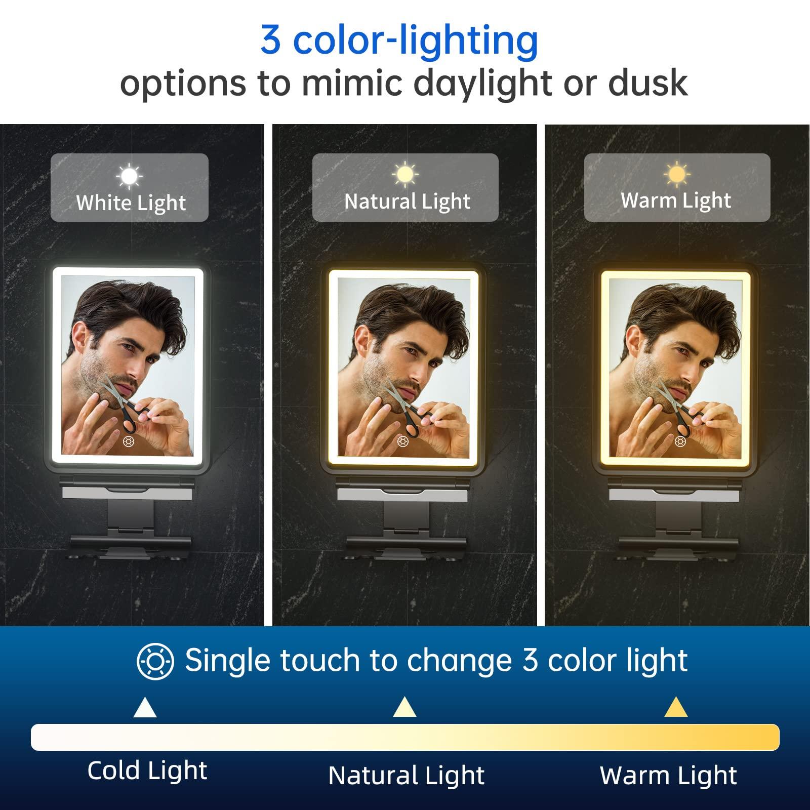 COSMIRROR COSMIRROR Shower Mirror Fogless for Shaving with Razor Holders, 3-Color Dimmable Light for Anti Fog Shower Shaving Mirror