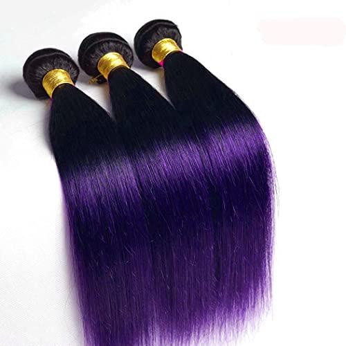 muaowig Purple Human Hair Bundles Ombre Hair Bundles Tow Tone Black to Purple Hair Extensions For Women Brazilian Remy Hair Bundles Purple Bundle 26 28 30 inch