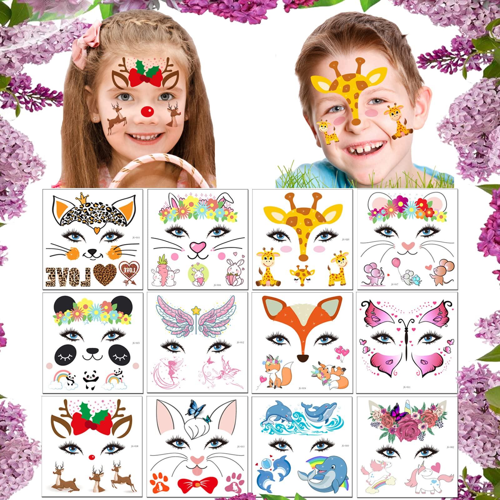 Mimeile Animal Face Tattoos Stickers for Kids Temporary Fake Paint Tattoos 12 Sheets, Water Transfer Birthday Party Supplies Festival Favors Makeup Skin Decor for Girl Boy
