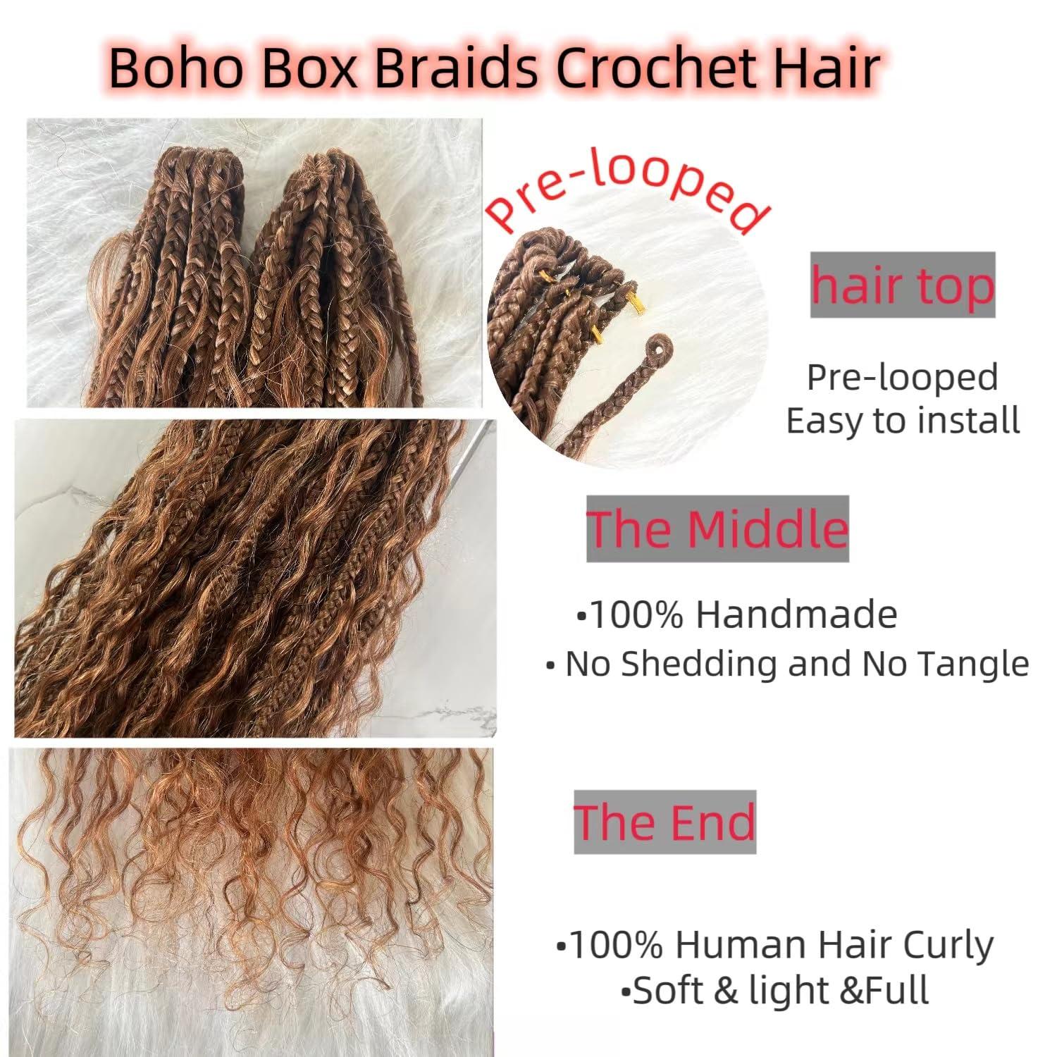 Francesca Hair Goddess Box Braiding Crochet Hair Pre-looped Synthetic Crochet Hair with Human Hair Curly Ends Hair Extensions #30 Auburn Color for Women 18 inch 2pack/80strands