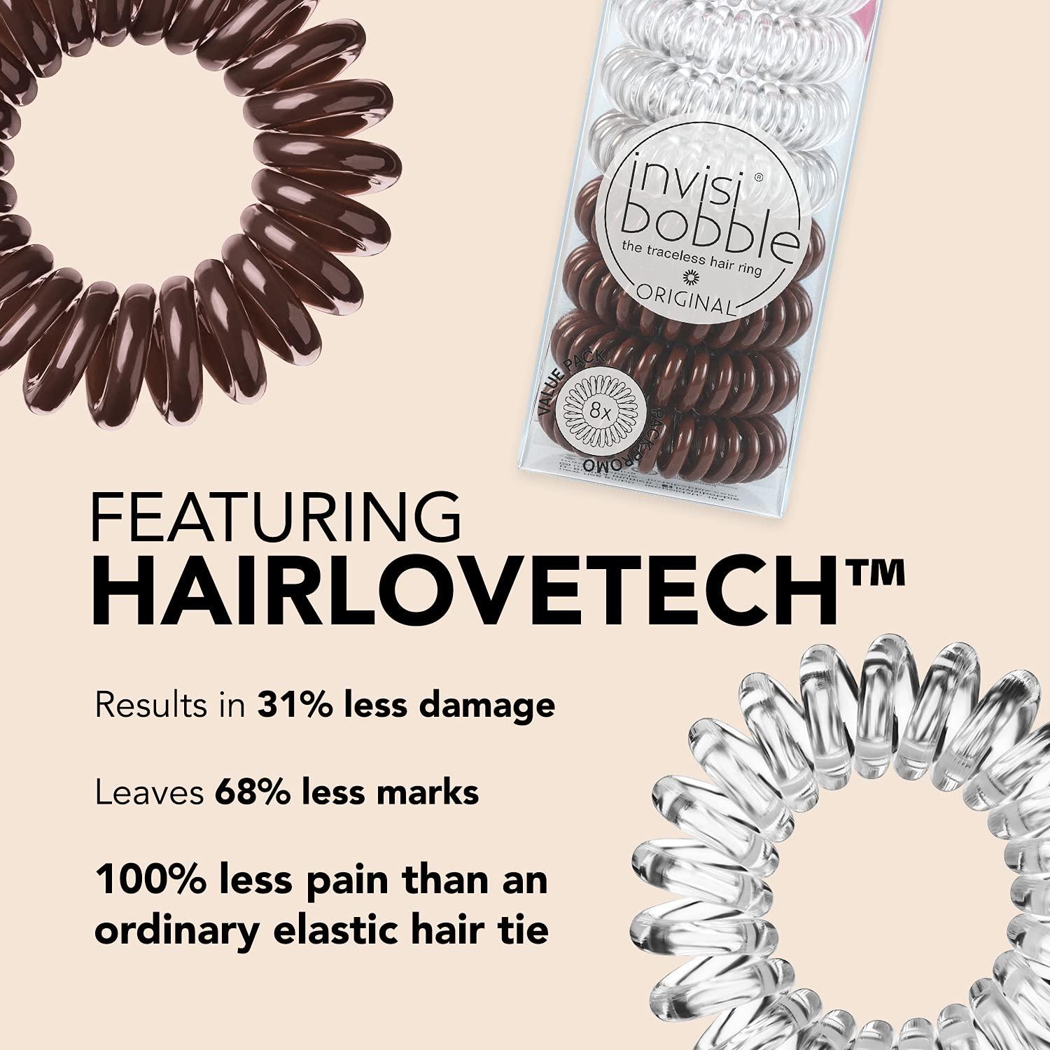 invisibobble invisibobble Original Traceless Spiral Hair Ties - Pack of 8, Crystal Clear and Pretzel Brown - Strong Elastic Grip Coil Accessories for Women - Non Soaking - Gentle for Girls Teens and Thick Hair