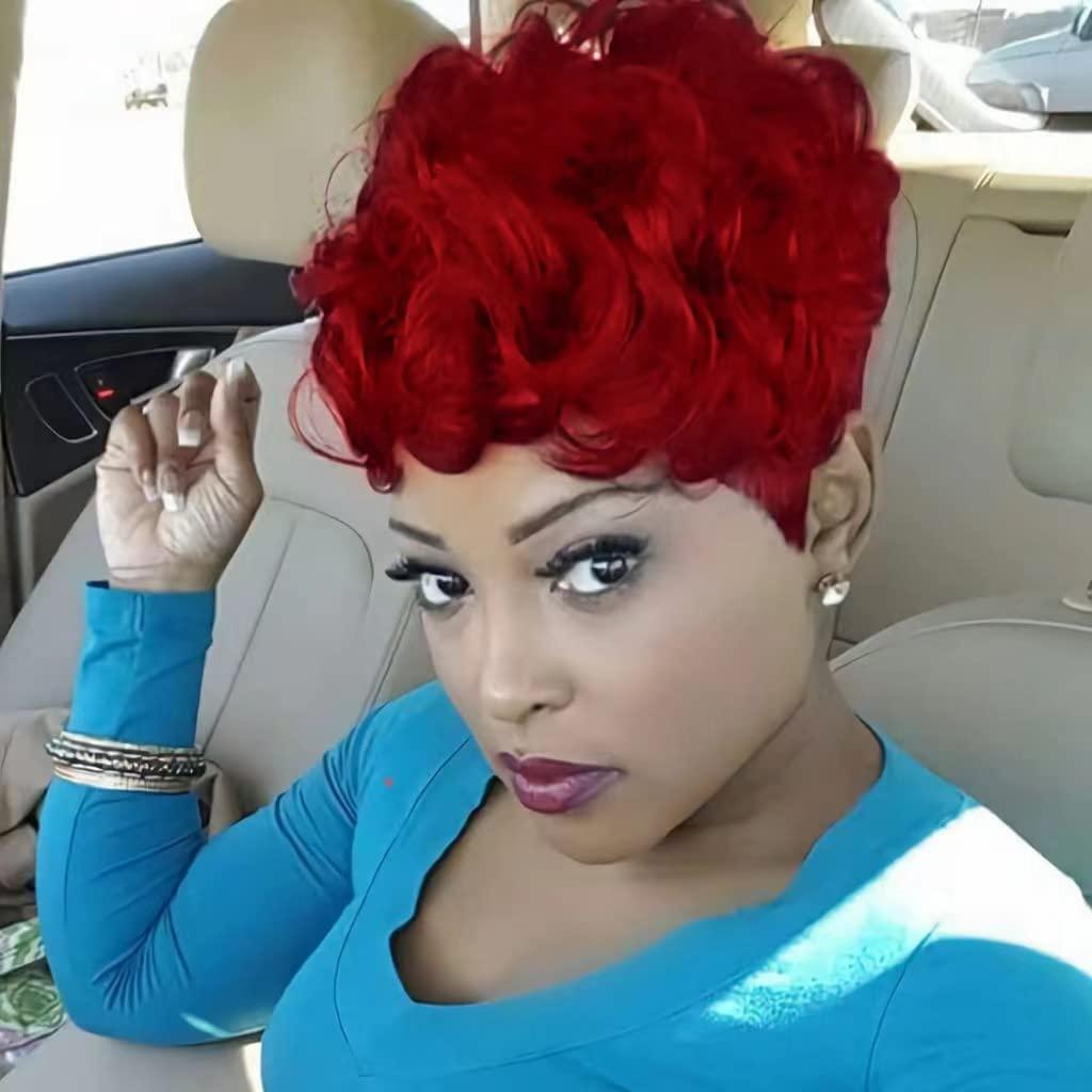 DOcute DOcute Red Pixie Cut Wigs for Black Women Short Hair Red Short Wigs for Black Women With Bang Curly Black Women wigs (Red)