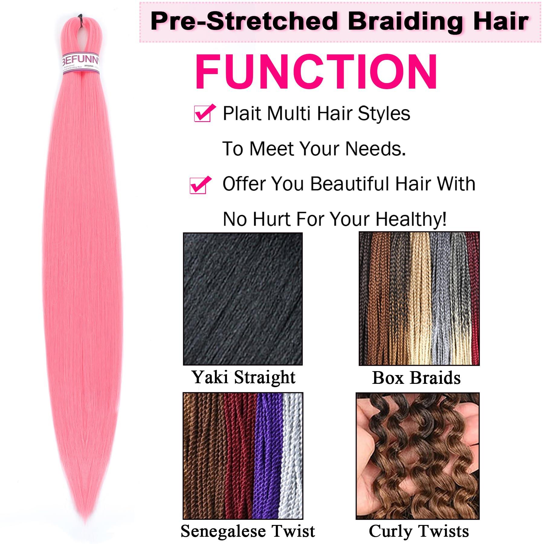 BEFUNNY Pink Braiding Hair,24 Inch 3 Packs Pre Stretched Braiding Hair,Ombre Prestretched Hair For Black Women Human Hair,Professional Itch Free Yaki Synthetic Hair Extension(24inch,pink,3pcs)