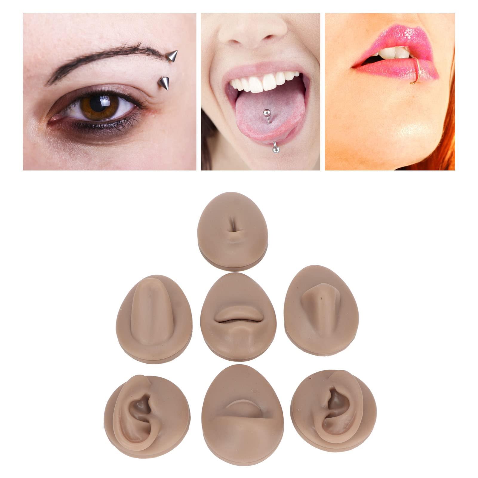 Sorandy Body Piercing Practice Model Body Part Displays Set Simulation Silicone Ear Eye Nose Mouth Tongue Belly Button Model for Novice Piercer Soft Silicone Body Part Model (Dark Skin