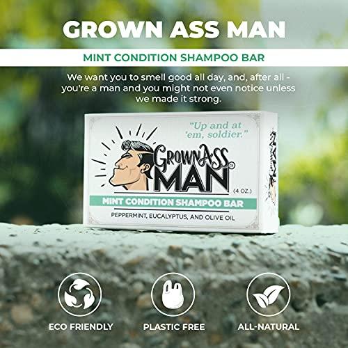 Grown Ass Man Co. Grown Ass Man Co. - Solid Shampoo Bar Rich Lather 3 in 1: Hair, Beard & Body Wash - Plastic Free & Eco-Friendly, Natural & Organic Clean for All Hair Types, 4oz Bar (Mint Condition, Single)