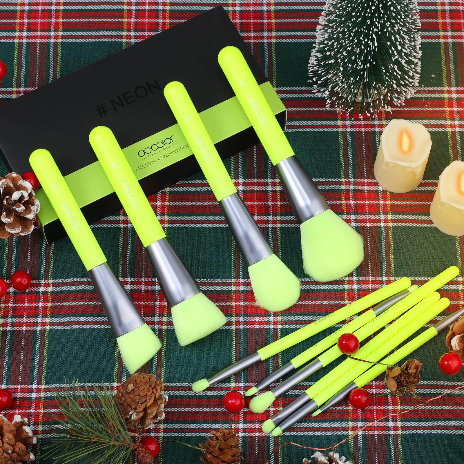 docolor Docolor Makeup Brushes 10Pcs Makeup Brush Set Premium Synthetic Powder Kabuki Foundation Contour Blush Concealer Eye Shadow Blending Liner Make Up Brush Kit - Neon Green
