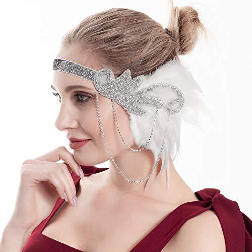 Barode Barode 1920s Flapper Feather Headband Roaring 20s Gatsby Headpiece Prom Festival Vintage Hair Accessories for Women and Girls (White)