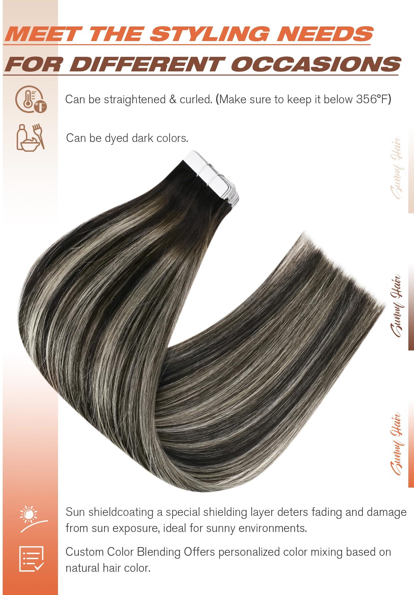 Sunny Hair Sunny Hair Extensions Real Human Hair Tape in Black Ombre Tape in Hair Extensions Human Hair Black Roots to Silver Grey Balayage Tape in Extensions Straight Hair Extension Black Ombre 20pcs 50g 20inch