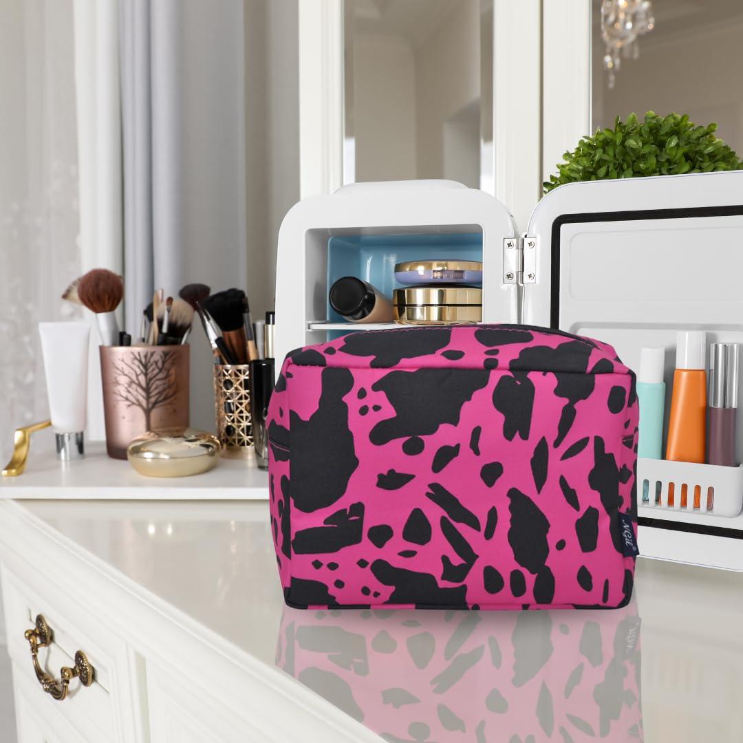 NGIL NGIL Makeup Bag for Women, Cute Cosmetic Bag, Lightweight Toiletry Make up Bag, Large Aesthetic Organizer Storage Pouch for Girls, Large Pouch, Toiletry Pouch (Hot Pink Cow- Hot Pink)
