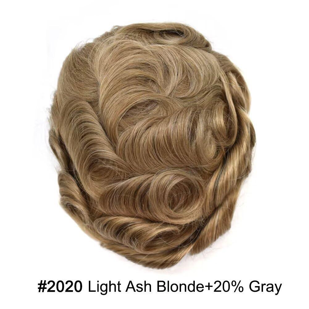 FANCYHAIR PU Mens Toupee European Human Hairpiece 0.04mm Ultra Thin Skin Toupee for Men 8X10 Man Hair System Hair Units Replacement (8\"X10\", 2020 20# LIGHT ASH BLONDE WITH 20% SYNTHETIC GRYE)