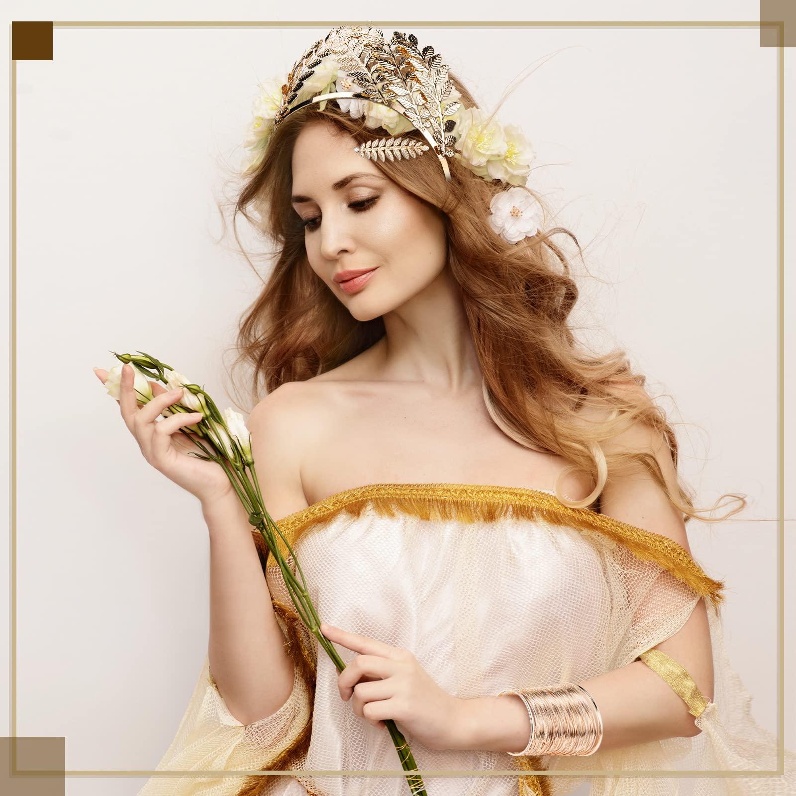 Sureio Sureio 12 Pieces Halloween Greek Goddess Costume Accessories Set Golden Leaves Bridal Hair Headband Hair Comb Coil Upper Crown Armband Dangle Earrings Bridal Headpiece for Wedding Party Accessories