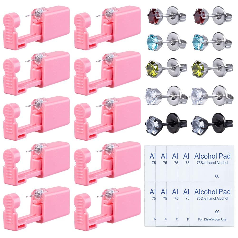 AKDsteel 10 Pcs Ear Piercing Kit Disposable Ear Piercing Gun Portable Ear Nose Piercing Tool Set Zircon Series Ear Studs for Men Women Home Salon Use