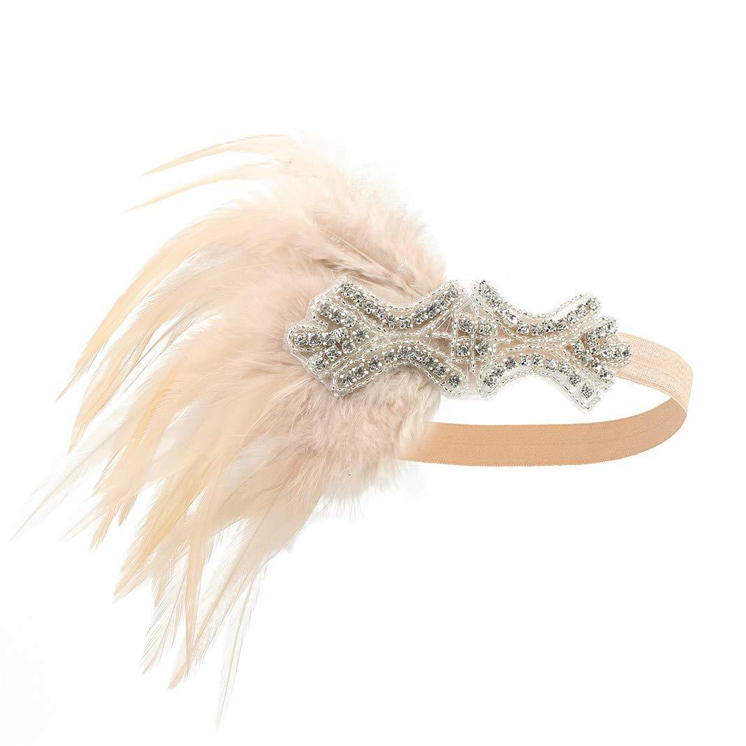 Lovfingu Art Deco 1920s Flapper Headband Feather Roaring 20s Great Gatsby Headpiece for Women Hair Accessories Silver Champagne