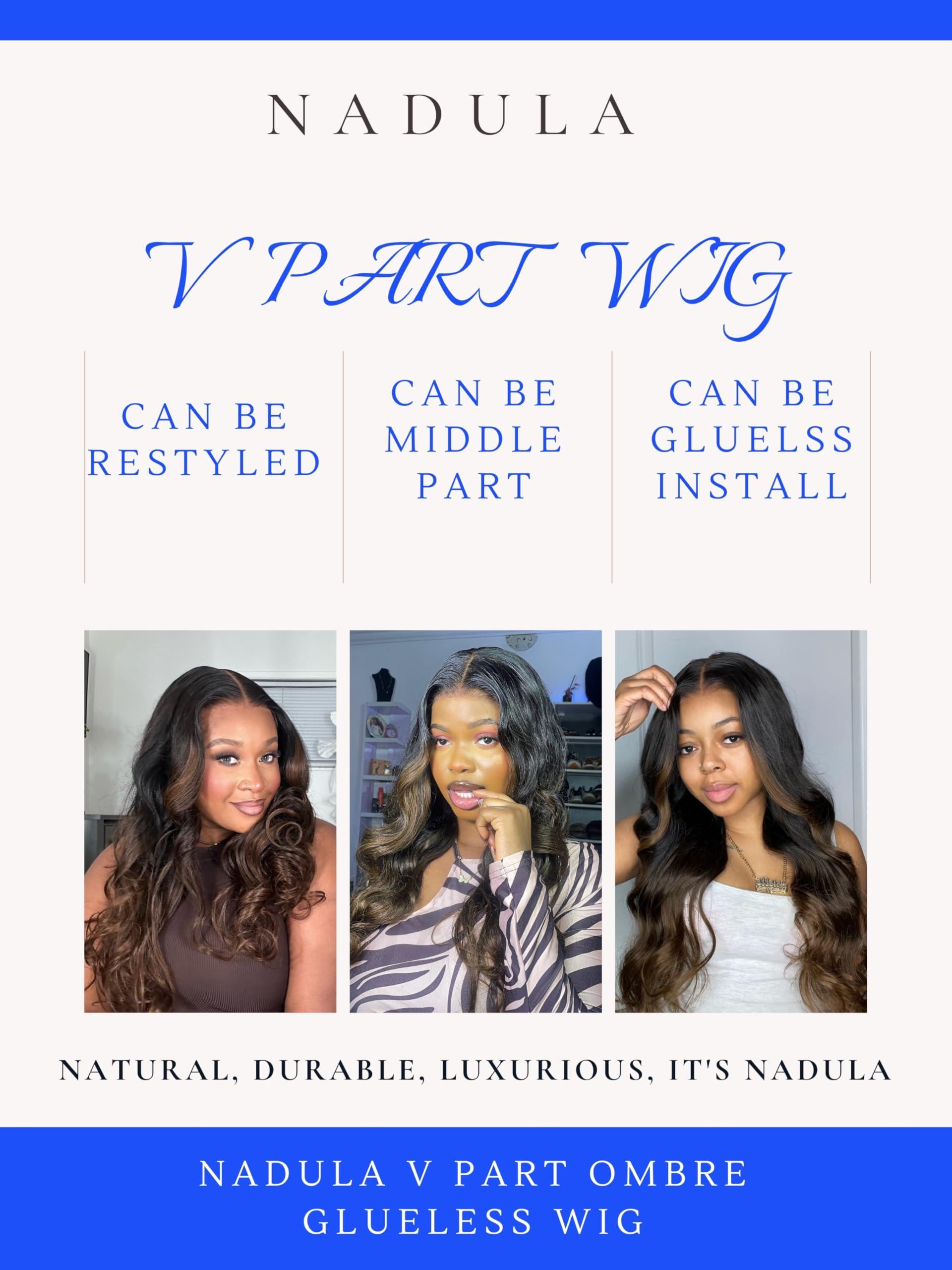 Nadula Nadula Highlight V Part Body Wave Wigs Human Hair No Leave Out Black to Chestnut Brown Ombre Upgrade U Part Wigs, 12A Glueless Ombre V-part Wavy Wigs Clip in Half Wig Ready to Go 180% Density 24inch