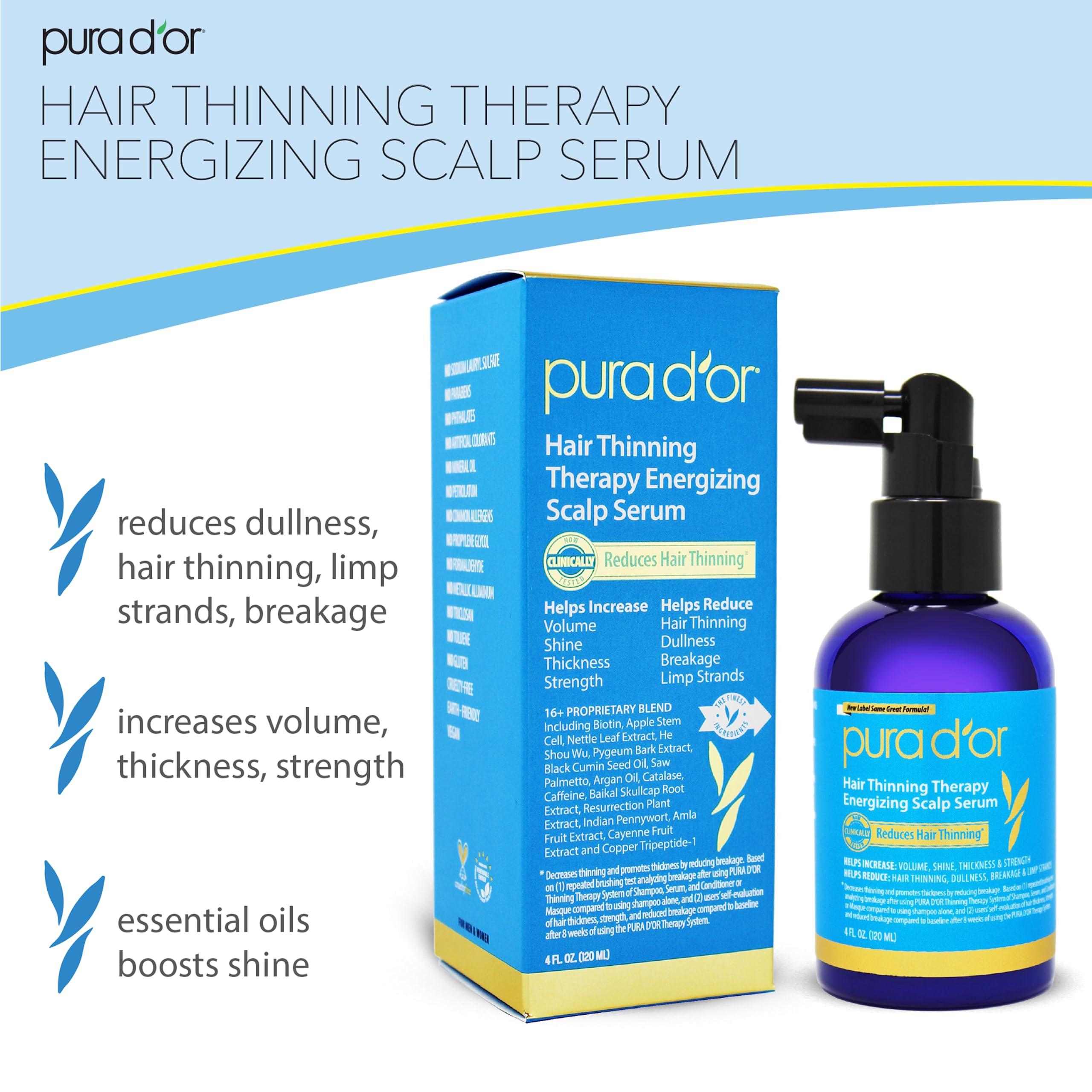 PURA D\'OR PURA D\'OR Anti-Thinning Biotin Shampoo & Conditioner Set & Scalp Therapy Energizing Scalp Serum Revitalizer (4oz) with Argan Oil, Biotin, Caffeine, Stem Cell, Catalase & DHT Blockers, All Hair Types