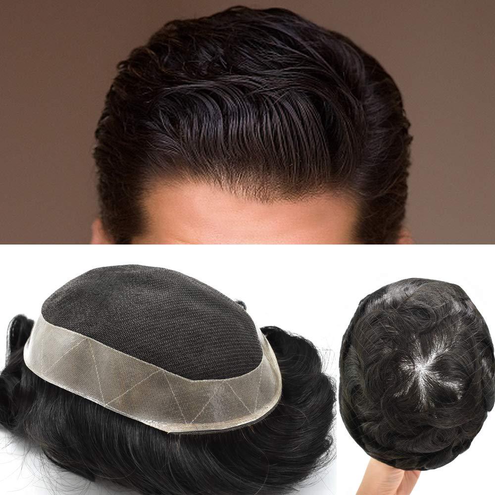 Curve Hair Toupee for Men HairPieces French Lace Mens Toupee Human Hair System Transparent Lace Replacement For Men Poly Skin Around Man Hair Unit Wigs for Men 7\"X9\",#3 Dark Brown-100% Light to Med-Light Density