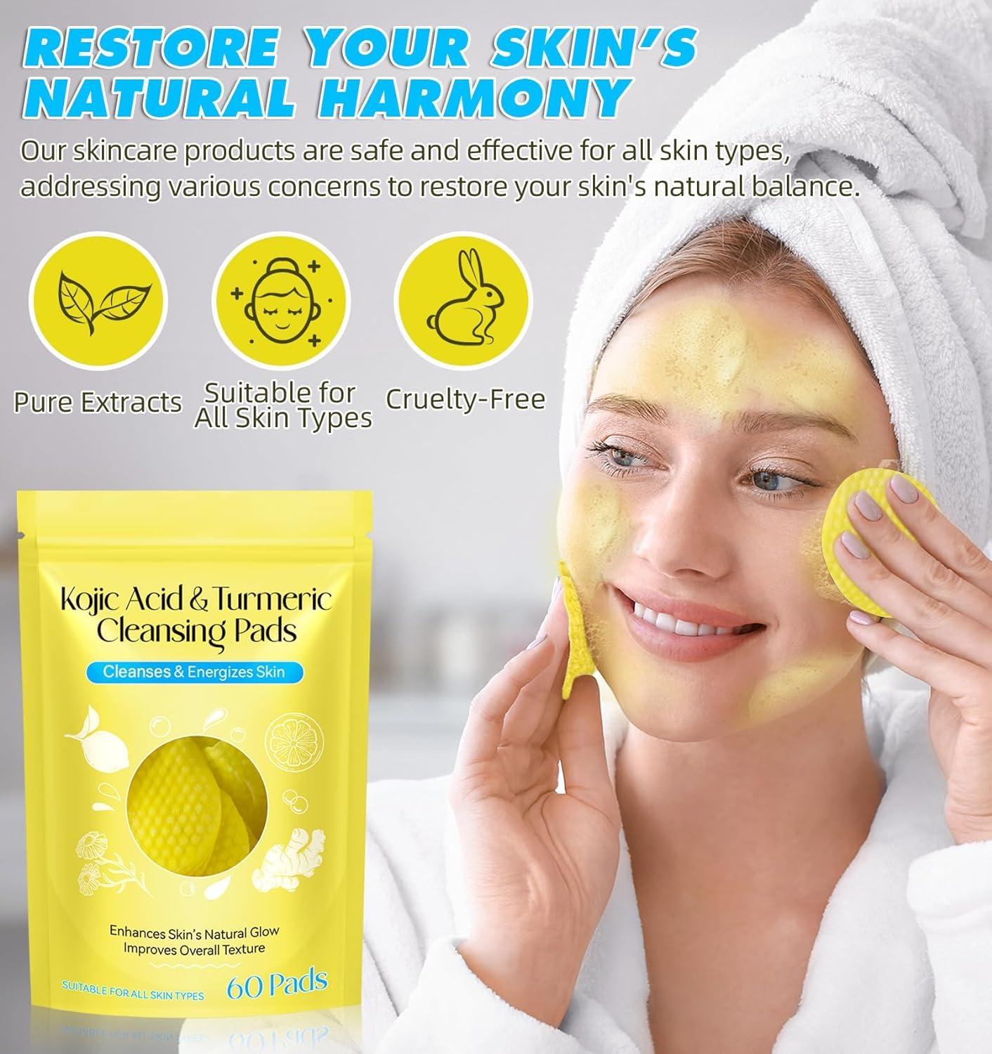 NIFEISHI NIFEISHI Turmeric Face Scrub Pads, 60pcs Kojic Acid and Turmeric Cleansing Pads with Vitamin B5 and Vitamin C, turmeric kojic acid cleansing pads for Face and Body