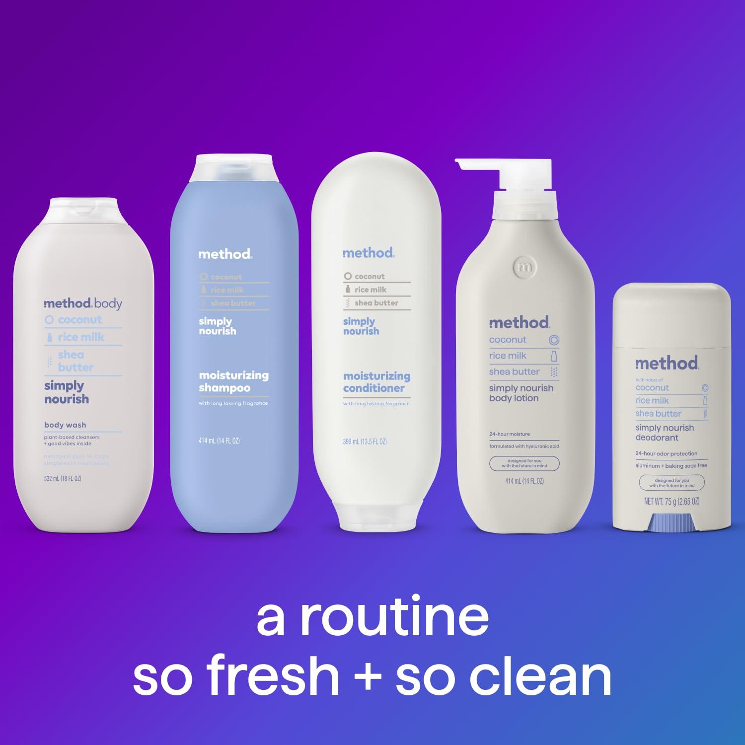 Method Method Moisturizing Shampoo, Simply Nourish with Shea Butter, Coconut, and Rice Milk Scent Notes, Paraben and Sulfate Free, 14 oz (Pack of 3)