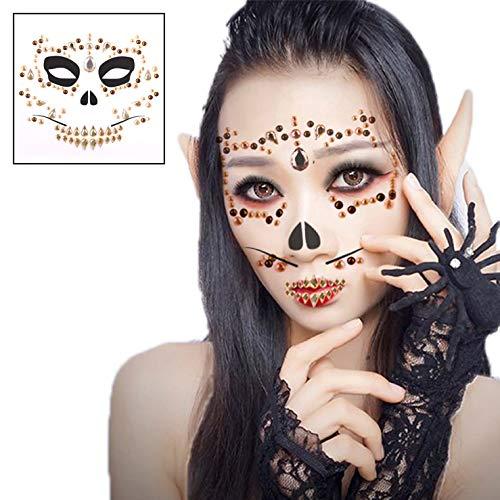 Yinxiang Jie 4 Pcs Day of the Dead Temporary Face Gem Jewels Tattoos Halloween Rhinestone Sugar Skull Face Stickers Makeup for Halloween Festival Rave Party Outfit